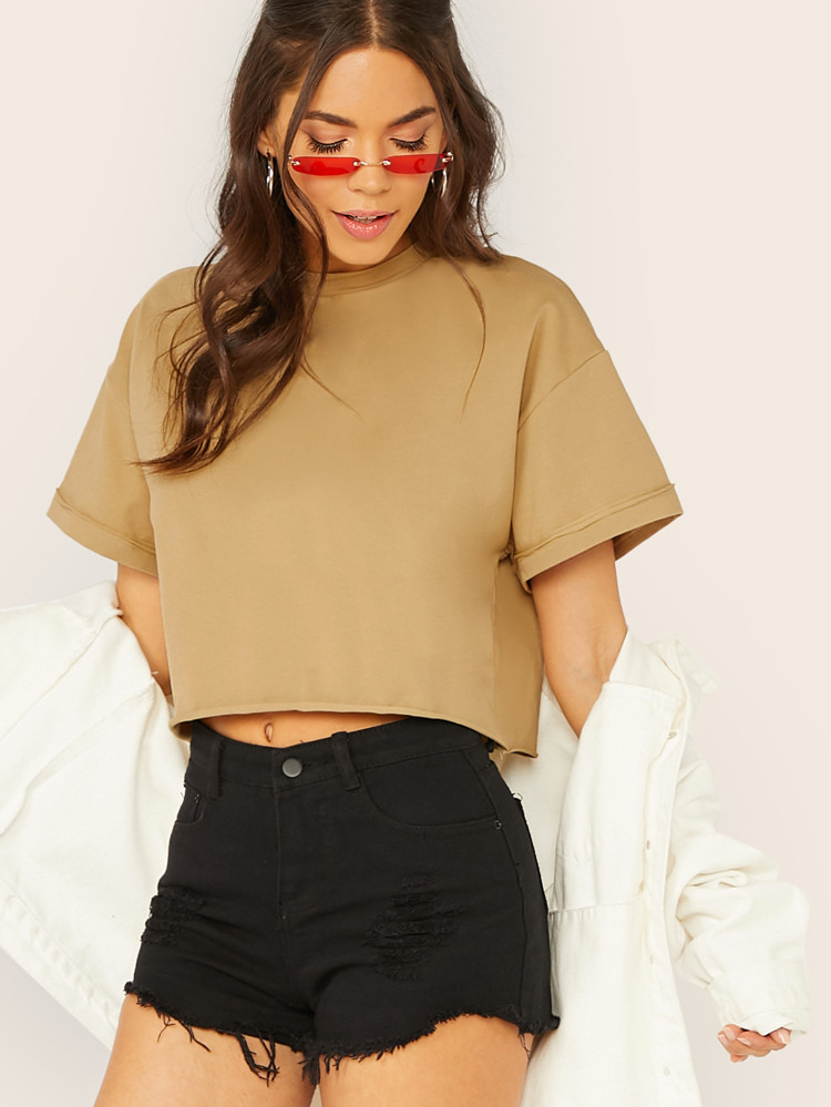SHEIN Solid Raw-Cut Boxy Cropped Tee | SHEIN