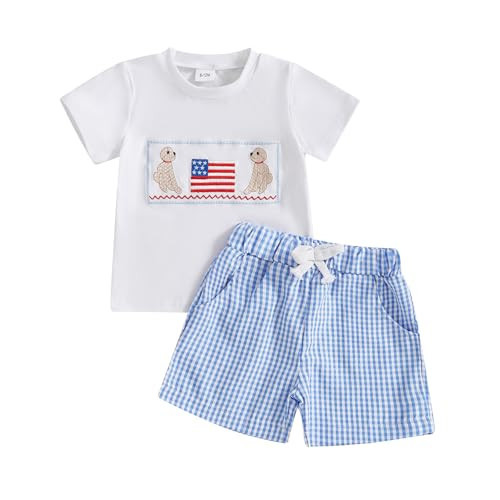 Lucikamy Baby Boy 4th of July Outfit Short Sleeve Letter Print T-Shirt + American Flag Shorts Set Fourth of July USA Clothes (Dog-White, 18-24 Months) | Amazon (US)