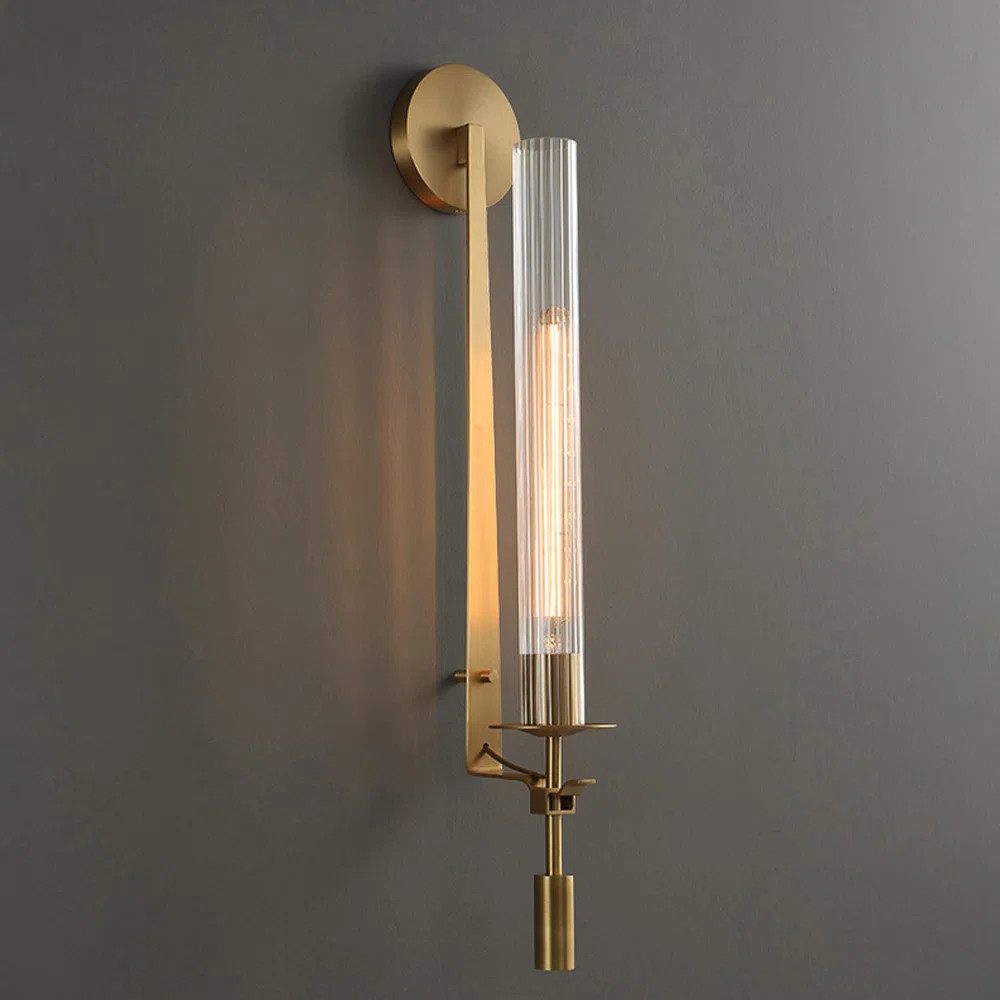 25" Modern Tube Clear Ribber Glass Single Wall Sconce Lighting Fixture in Brass | Wayfair North America