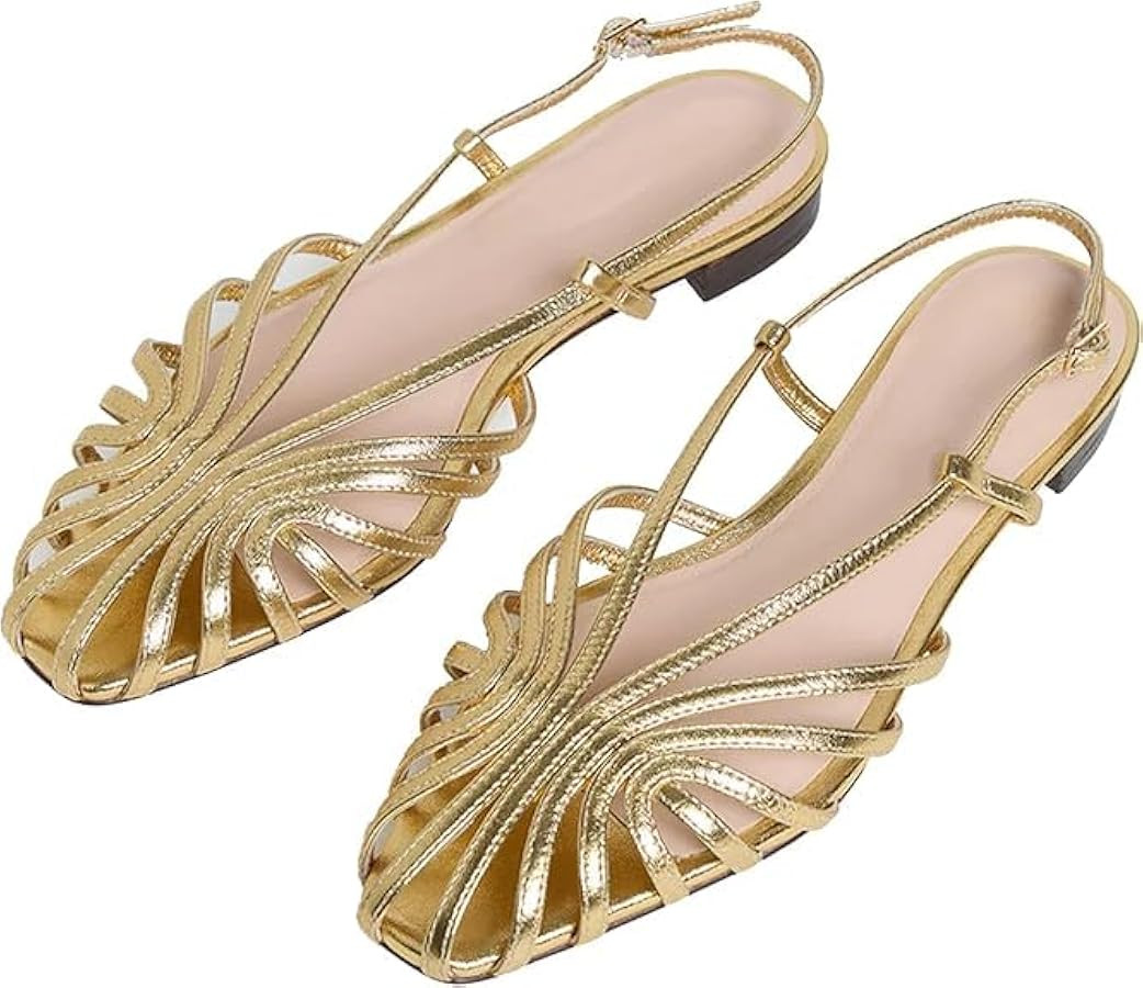 MAVMAX Slingback Flat Sandals for Women Fashion Strappy Square Toe Low Heeled Flats with Adjustab... | Amazon (US)