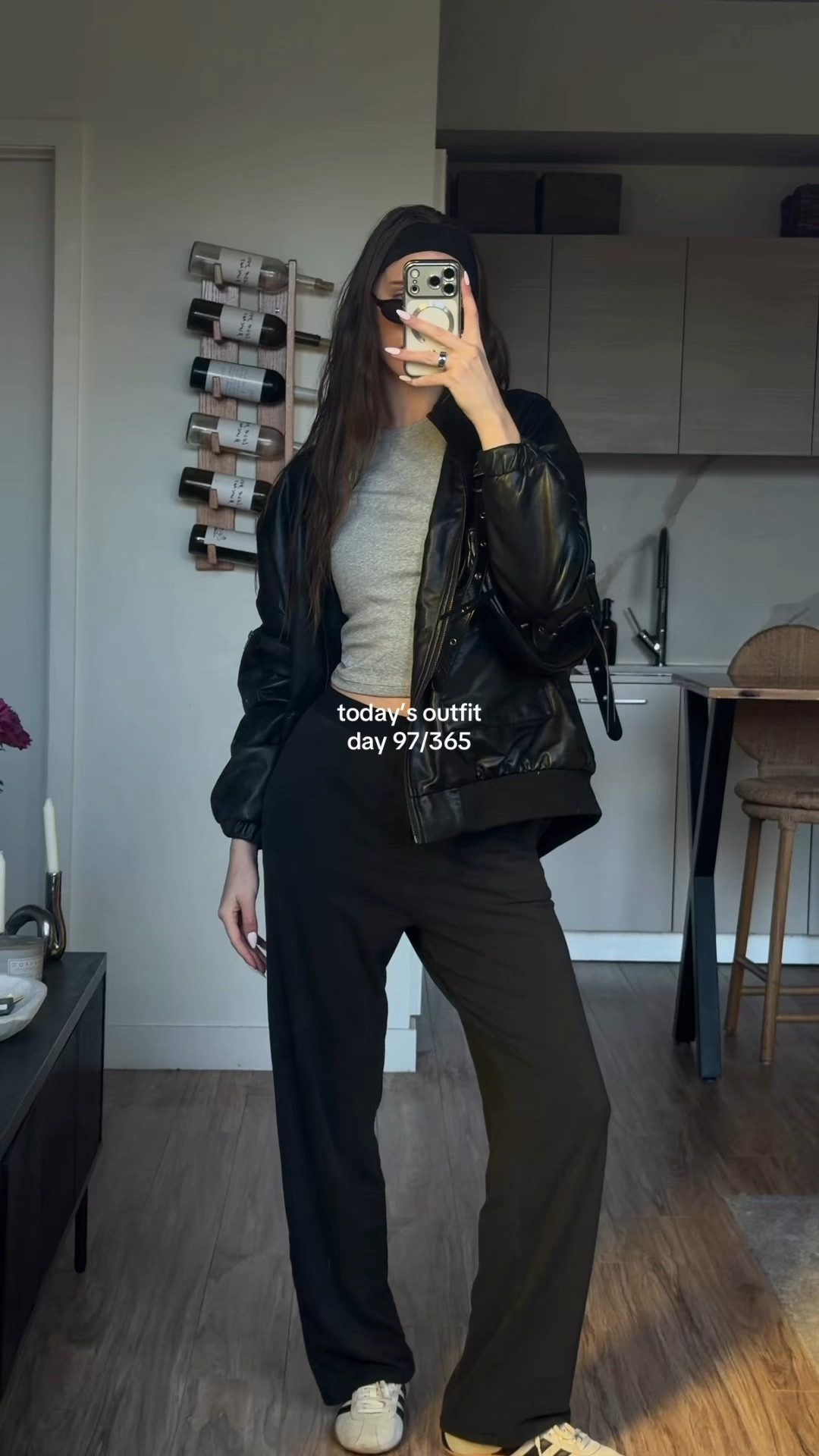 what I’m wearing today 🖤 casual spring outfit idea 
day 97 of 365 days of outfits 

@Edikted oversized leather bomber jacket 
@UNIQLO USA grey cropped t-shirt 
@SKIMS black lounge pants 
@adidas tokyo sneakers (low-profile sneakers)
@JW PEI black & silver shoulder bag 
@Kitsch black headband 
@otraeyewear mini black sunglasses 

#ootd #everydaylook #dailystyle #styleinspo #springoutfitideas 

#LTKdayinmylife #LTKgrwm #LTKootd