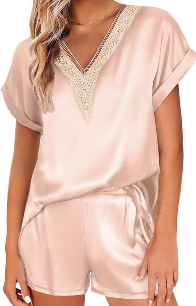 Ekouaer Silk Pajama Shorts for Women Short Sleeve Sleepwear Guipure Lace V Neck Satin Shirt Silky... | Amazon (US)