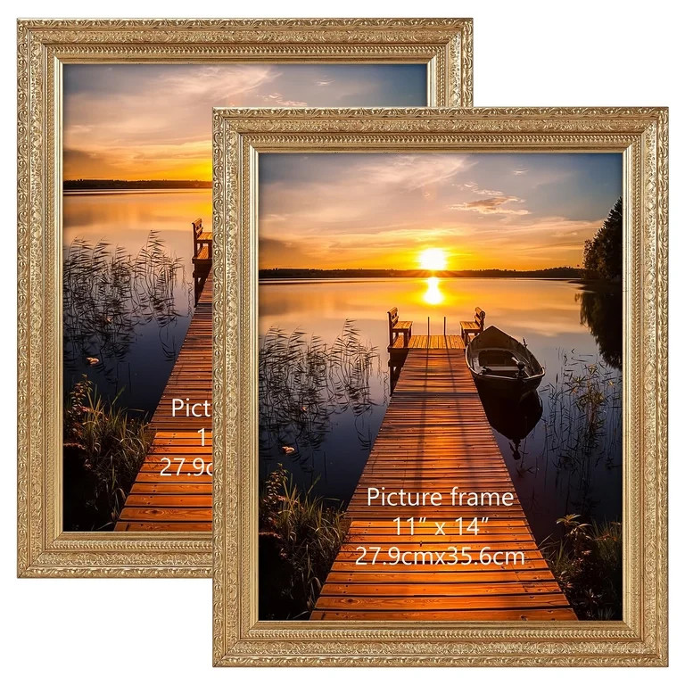 11x14 Picture Frames Set of 2, Elegant Gold Wall Hanging Photo Frame for Vertical/Horizontal Disp... | Walmart (US)