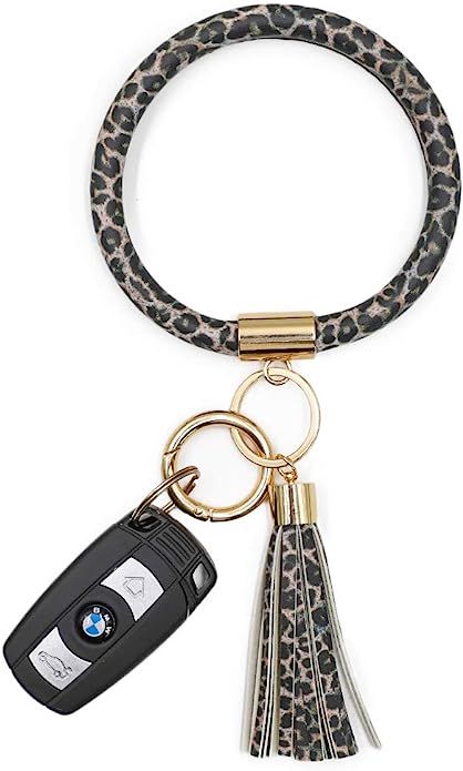 Mwfus Upgrade Round Key Ring Bracelet Leather Wristlet Keychain, Large Circle Bangle Keyring Tass... | Amazon (US)