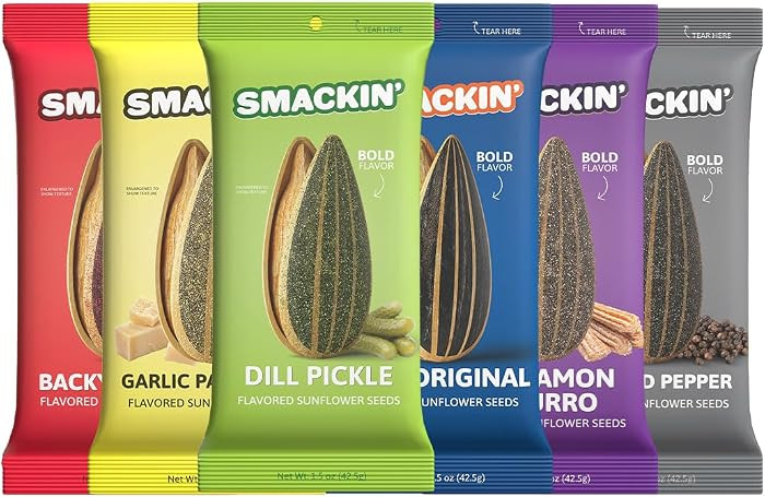 SMACKIN' Sunflower Seeds, Roasted Jumbo Small-Batch, American Made - 6 Flavor Variety. 1.5oz bags... | Amazon (US)