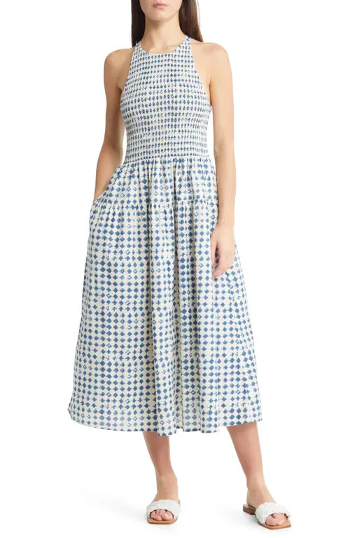 Madewell Shibori Halter Tiered Midi Dress in Blue Ivory Shibori at Nordstrom, Size X-Small | Nordstrom