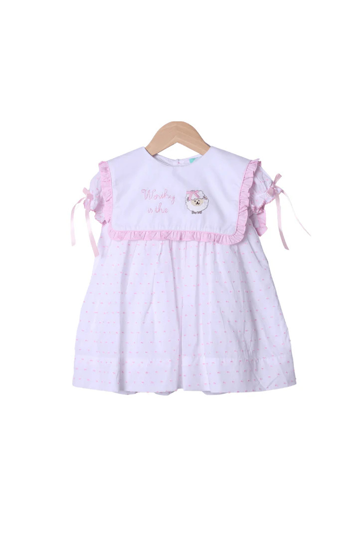 Embroidered Worthy IS the Lamb Swiss Dot Dress | The Smocked Flamingo