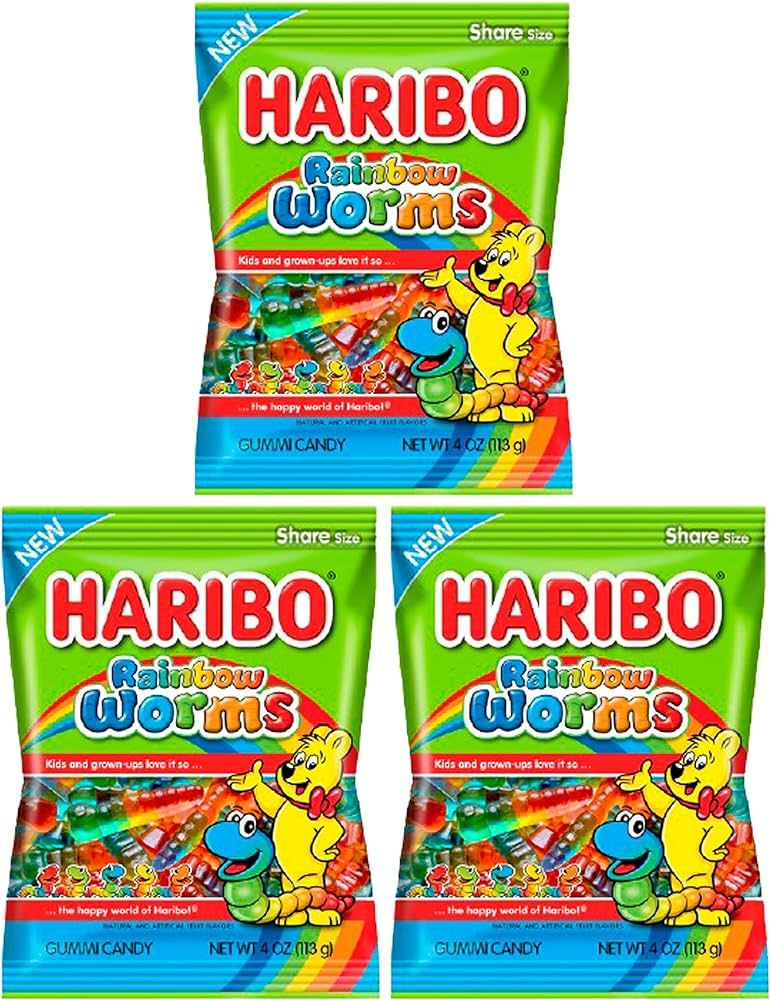 Haribo Rainbow Gummy Worms Pack of 3 (5 oz Bags) | Worm Shaped | Lemon, Strawberry, and Black Cur... | Amazon (US)