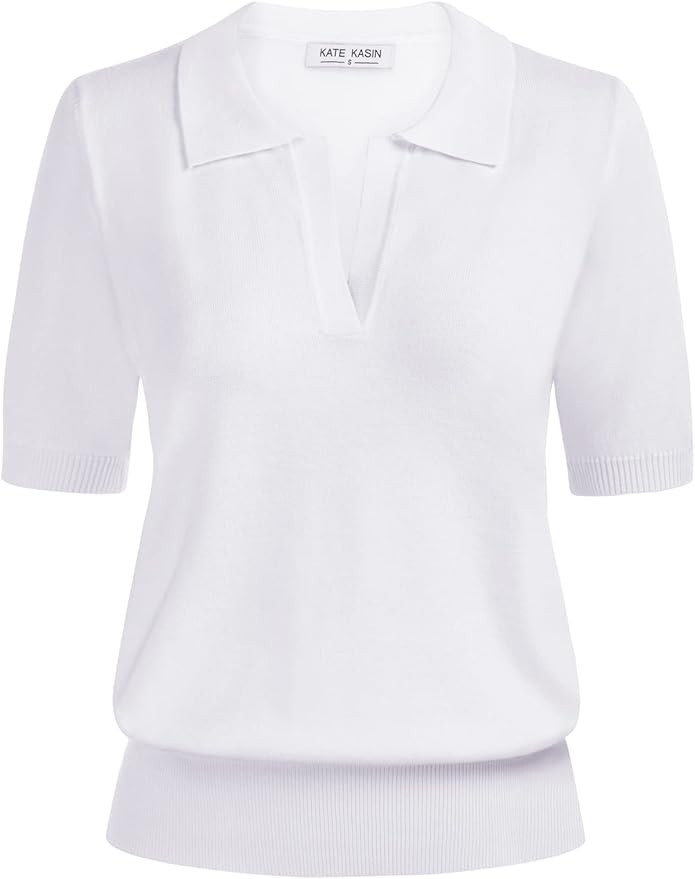 Kate Kasin Women Short Sleeve Polo Sweater V Neck Knitted Tops Casual Ribbed Shirt Loose Pullover... | Amazon (US)