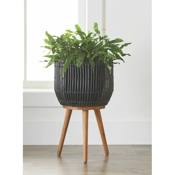 Better Homes & Gardens Black Round Resin Rattan Planter & Stand Set | Walmart (US)