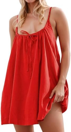 NEEP Boho Dresses for Women 2026 Mini Linen Cover Up Sundresses Summer Spaghetti Strap Sleeveless... | Amazon (US)