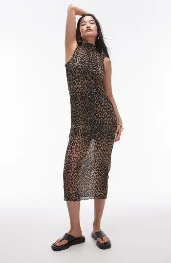 Leopard Crinkle Funnel Neck Midi Dress | Nordstrom