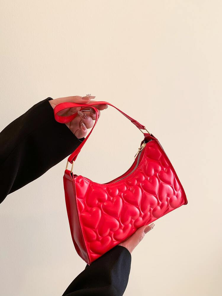 Neon-red Heart Embossed Baguette Bag | SHEIN