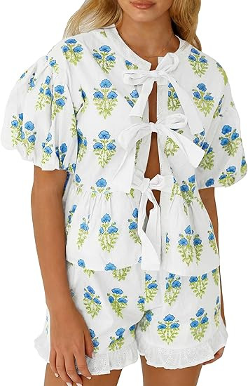 Aoysky Womens Floral 2 Piece Short Sets Summer Vacation Outfits Puff Sleeve Babydoll Blouse Ruffl... | Amazon (US)