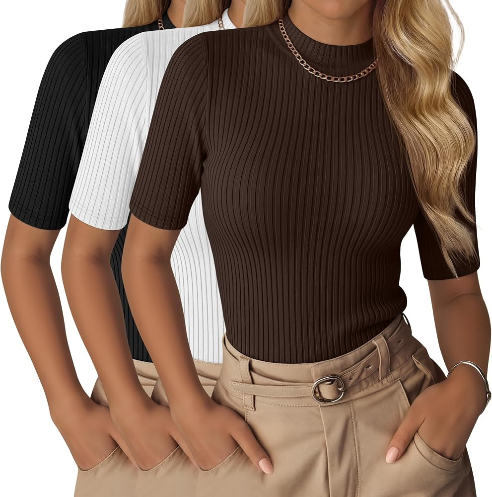 Neer 3 Pack Women's Half Sleeve T-Shirts, Mock Turtleneck Elbow Length Tee Ribbed Slim Fit Casual... | Amazon (US)