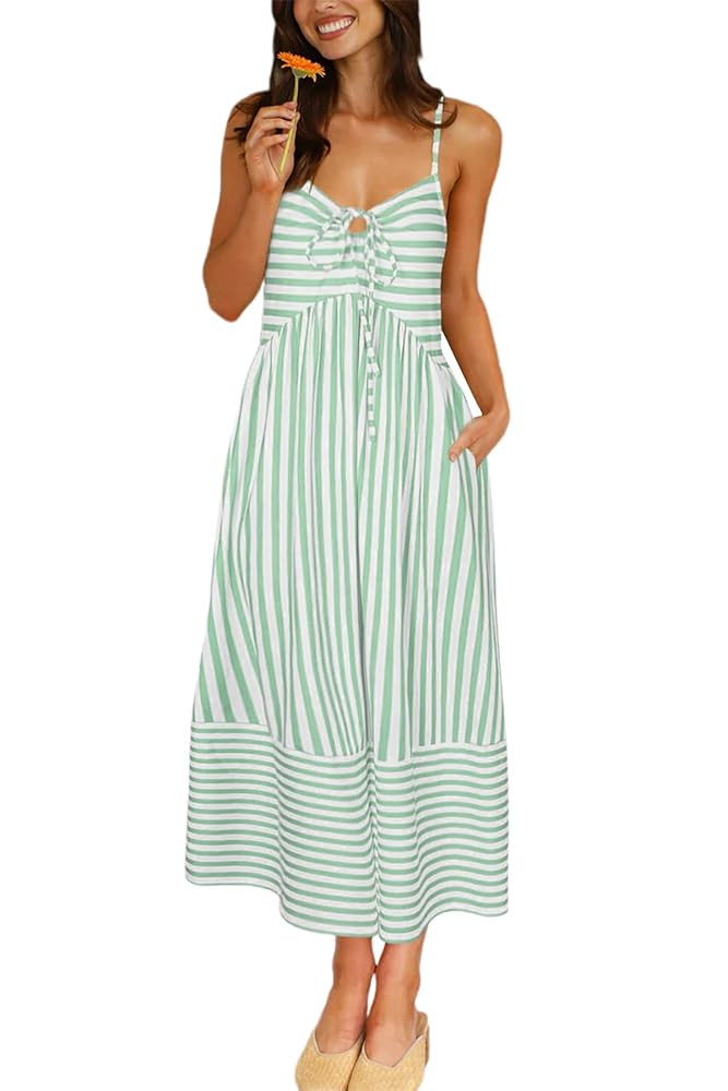Fashionme Womens Summer Maxi Dresses 2025 Trendy Striped Vacation Boho Beach Spaghetti Strap Sund... | Amazon (US)