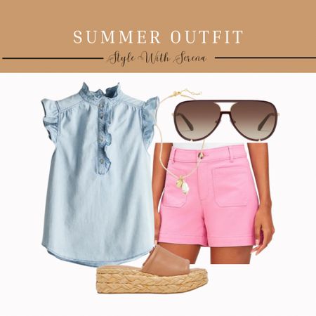 Summer outfit, summer fashion, sandals, pink denim, colored denim, shorts, denim blouse, sunglasses, beach outfit 

#LTKSeasonal #LTKFindsUnder100 #LTKStyleTip