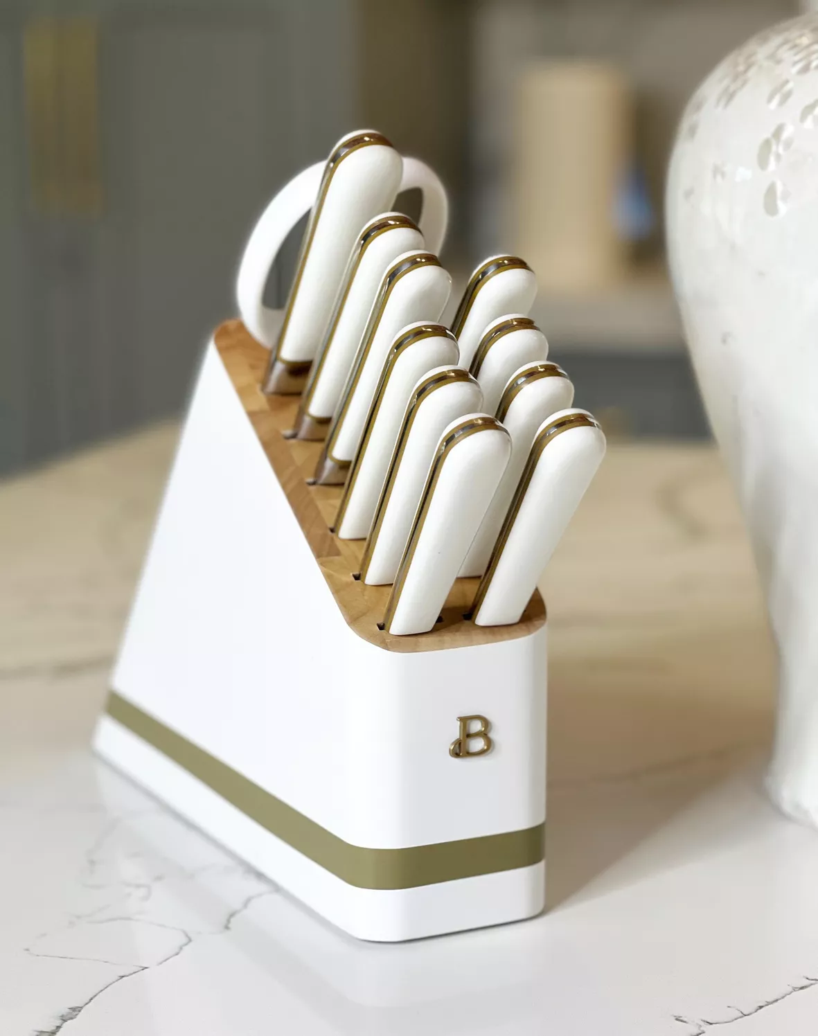 Beautiful 12-piece Forged Kitchen Knife Set in White with Wood Storage Block,  by Drew Barrymore 