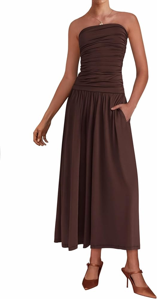 BTFBM Women Strapless Tube Top Dress Summer 2025 Sleeveless Ruched Flowy Cocktail Wedding Guest M... | Amazon (US)