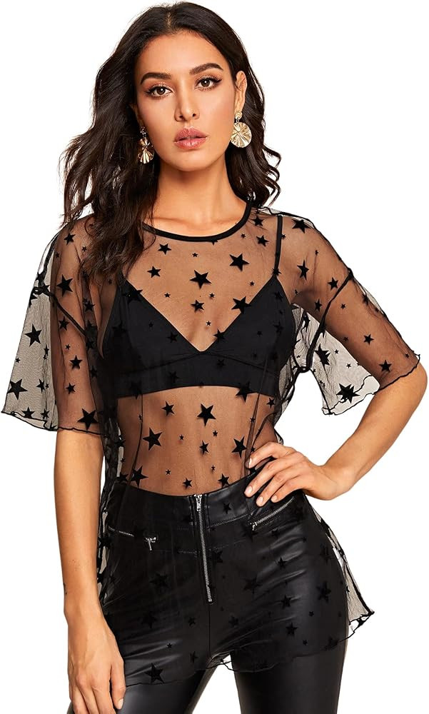 Verdusa Women's Sheer Mesh Tops Half Sleeve Longline Oversized T Shirt | Amazon (US)