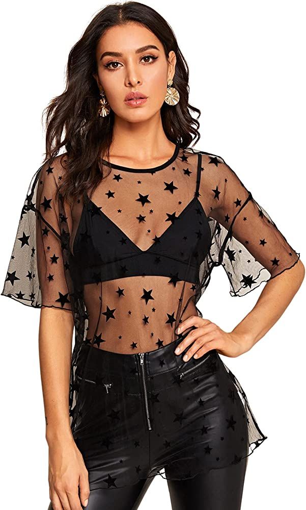 Verdusa Women's Sheer Mesh Tops Half Sleeve Longline Oversized T Shirt | Amazon (US)
