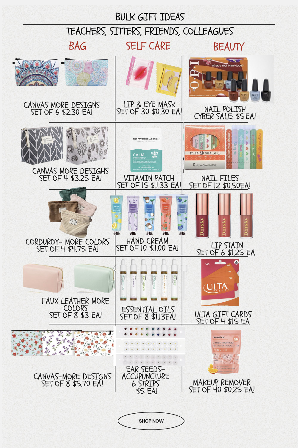 Who doesn't love a little pamper set? Whether you want self care, beauty, or both, put together a set sure to be appreciated for the special ladies in your life. Works great for a group of friends, colleagues, teachers, babysitters, or even as a bachelorette party favor! 

#giftsforher #giftsforteacher #stockingstuffers #stockingstuffersforher #giftsforfriends #giftsforcolleagues
 

 #LTKGiftGuide #LTKHoliday #LTKBeauty