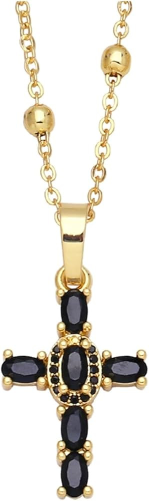 GeRRiT Women's Colorful Crystal Cross Pendant Copper Plated Gold Bead Chain Religious Jewelry Nec... | Amazon (US)