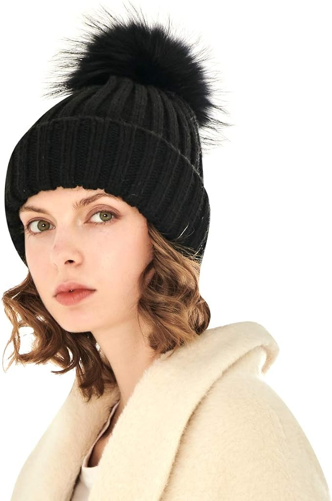 CACUSS Women's Winter Soft Fur Pom Pom Beanie Hat Warm Cable Knitted Thick Ski Caps Skull Cap | Amazon (US)