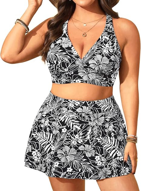 Women's Plus Size High Waisted Bikini - Two Piece Swimsuit with Skirt 2025 Tummy Control Bathing ... | Amazon (US)