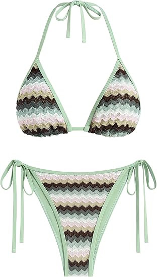 ZAFUL Women's Colorblock Stripes Triangle Halter Tied Cheeky Thong Bikini Set High Cut Two Piece ... | Amazon (US)