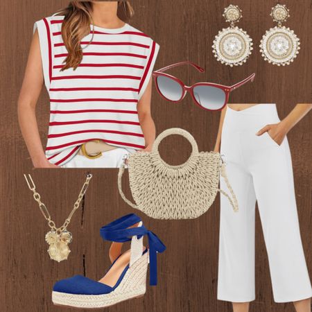 The cutest top for your Memorial Day or 4th of July outfit! 🇺🇸 Capris are back in style ladies!💃🏻 Love the straw/rattan element to add some texture. And do you prep those Kate Spade sunglasses? 😎 

#mdw

#LTKOver40 #LTKSaleAlert #LTKSeasonal