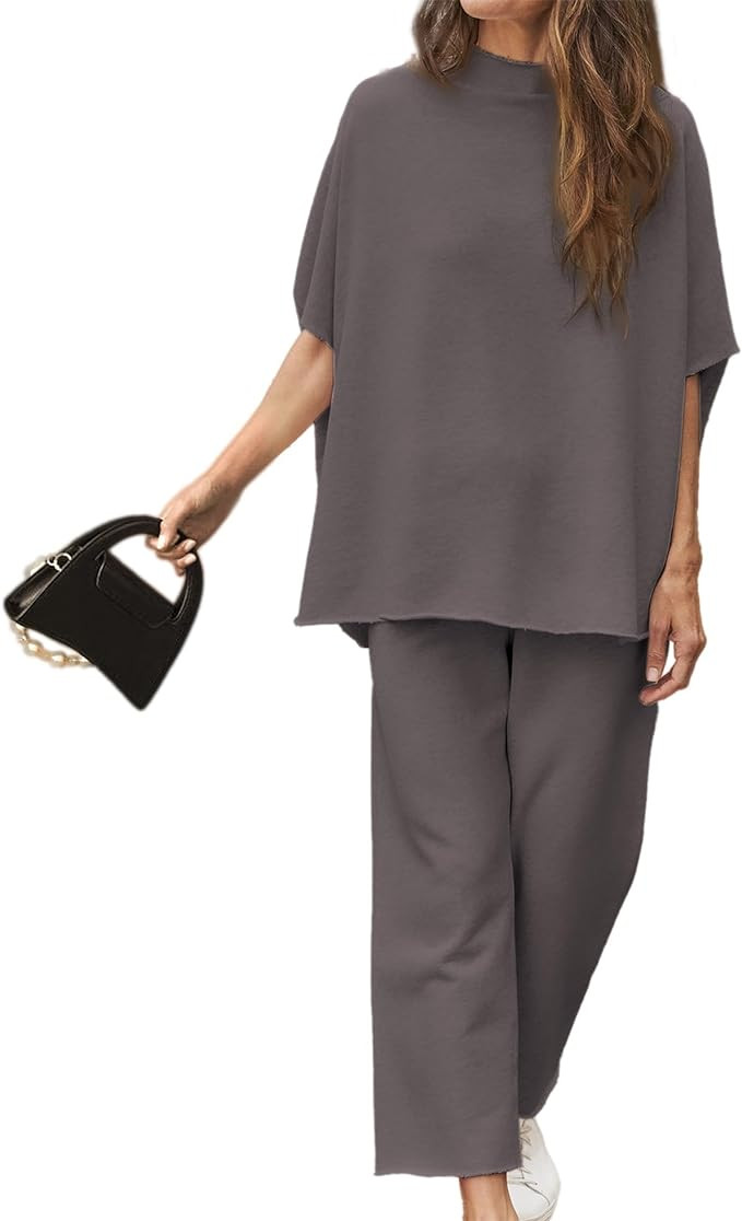 Women's Two Piece Outfits 3/4 Batwing Sleeve Capelet Crew Neck Pullover Top Wide Leg Pants Lounge... | Amazon (US)