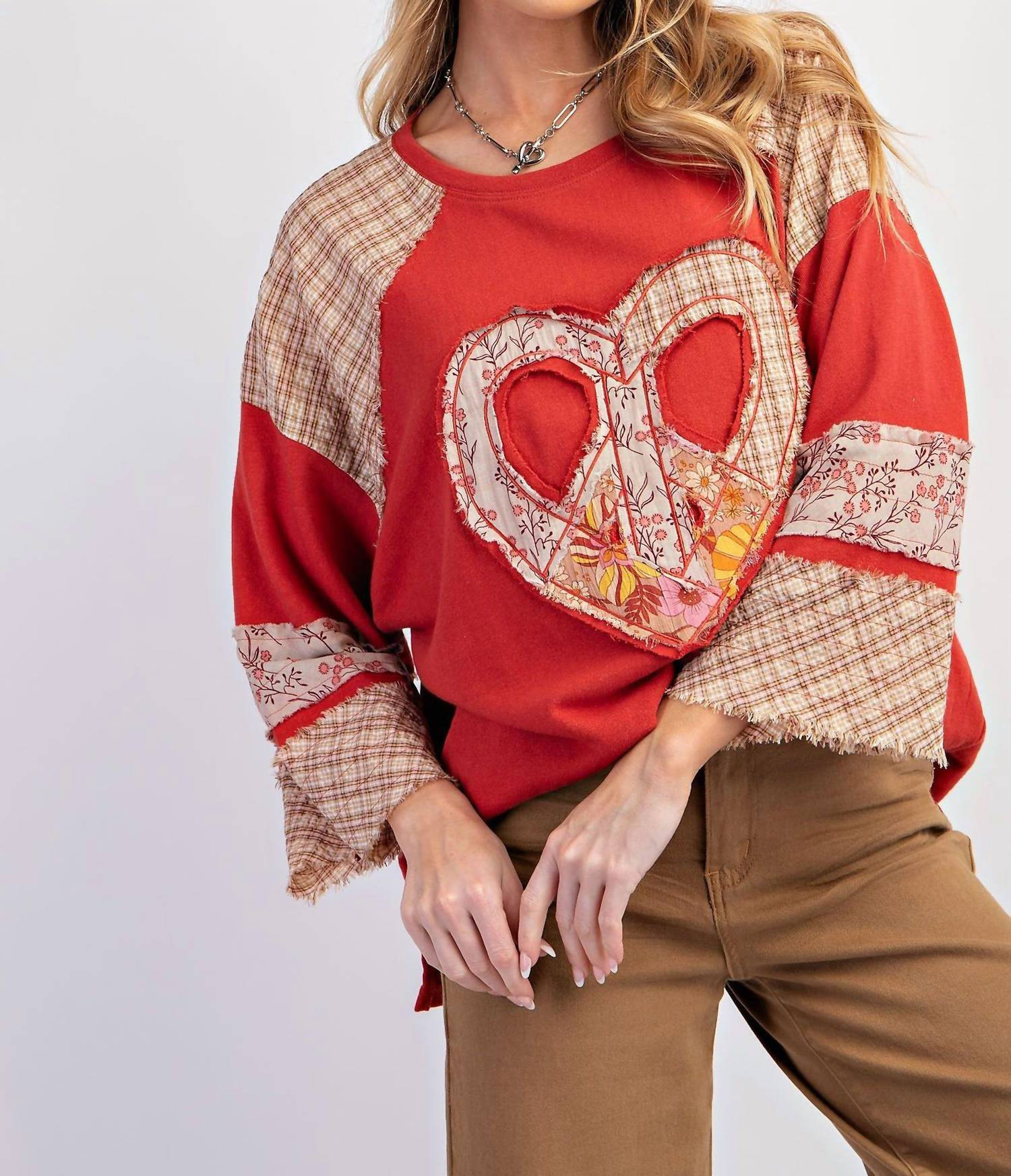 Peace Sign Heart Patch Knit Top In Red | Shop Simon