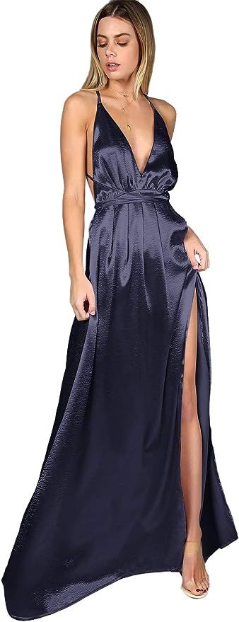 SheIn Women's Sexy Satin Deep V Neck Backless Maxi Party Evening Dress | Amazon (US)