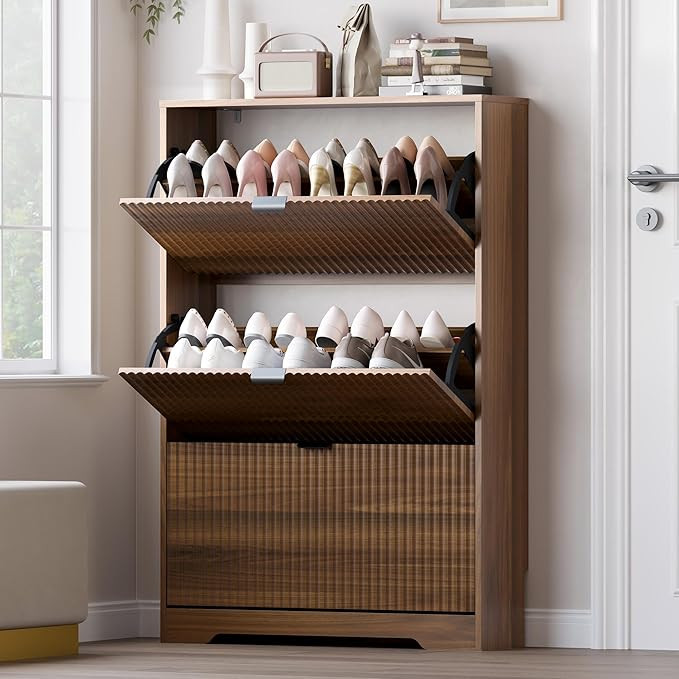 BORNOON Entryway Shoe Cabinet with 3 Flip Drawers, Narrow Shoe Organizer Cabinet with Fluted Pane... | Amazon (US)