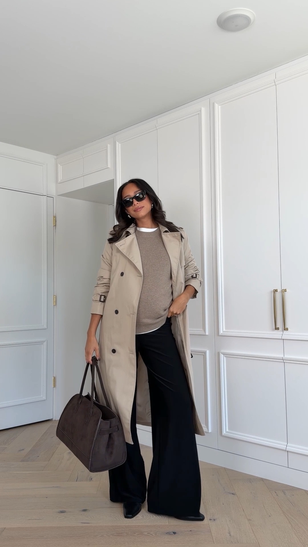 Fall outfit with boots! Perfect for lunch and shopping or the office if you have a smart casual dress code! Sweater is wool and cashmere and so soft and luxe. Pants feel like pjs but look like dress pants! Sizing below 👇🏽 

Pants - Medium
Tee - Small
Sweater - Medium 
Trench - Small 

#LTKWorkwear #LTKBump #LTKStyleTip