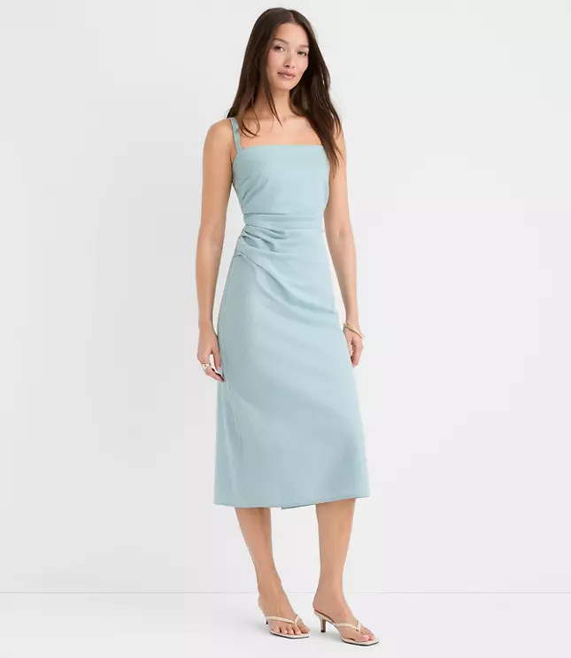 Petite Linen Cotton Ruched Strappy Midi Dress | LOFT