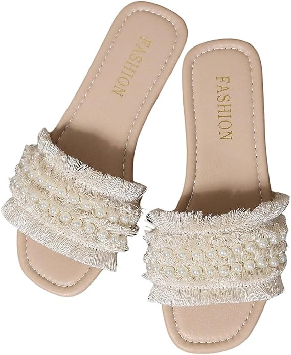 BEAUDRM Women's Pearls Chain Flat Sandals Dressy Open Toe Slip On Flats Summer Casual Outdoor Sli... | Amazon (US)