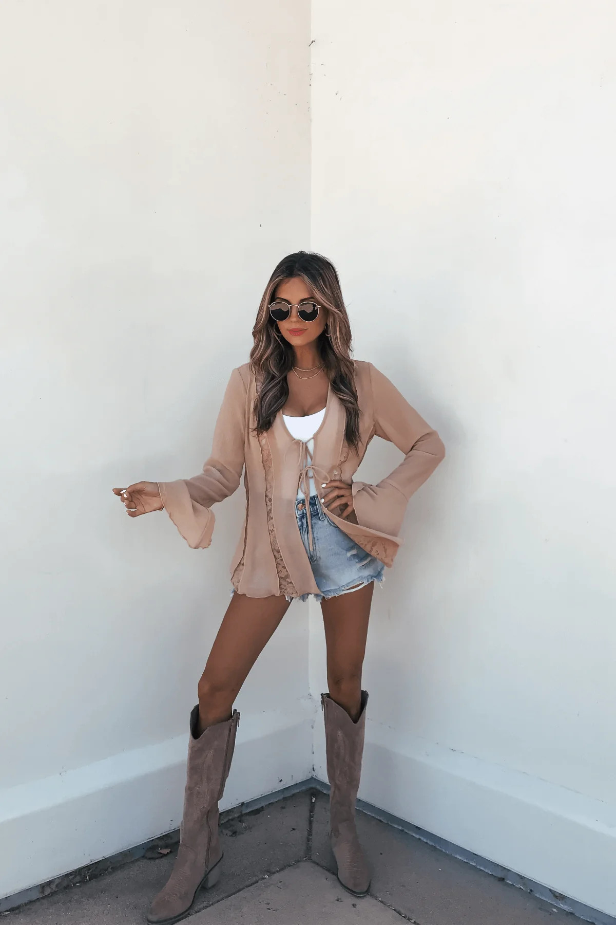 Women's Bell Sleeve Sheer Lace Top - Sand | Magnolia Boutique