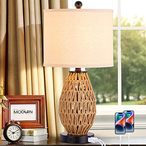 CINSARY Touch Control Rattan Table Lamps, 3 Way Dimmable Bedside Lamps for Bedroom with 2 USB Por... | Amazon (US)