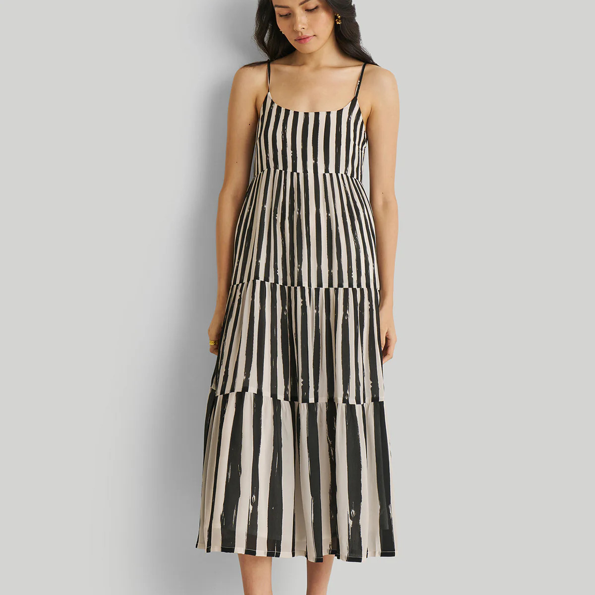 Strappy Tiered Maxi Dress in Black Stripes | Reistor