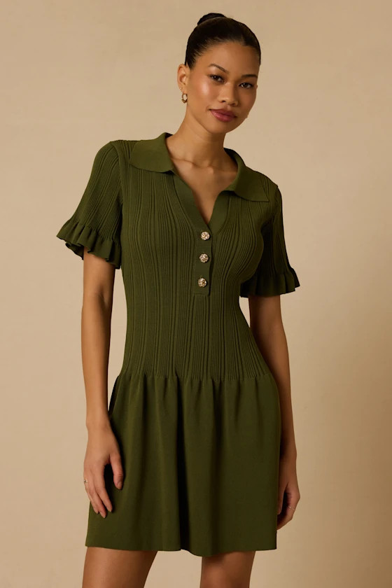 Yavina Olive Collared Skater Sweater Mini Dress | Lulus
