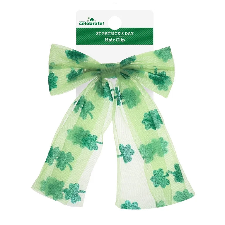 Way to Celebrate St. Patrick's Day Green and White Shamrock Print Hair Bow, 1 Piece | Walmart (US)