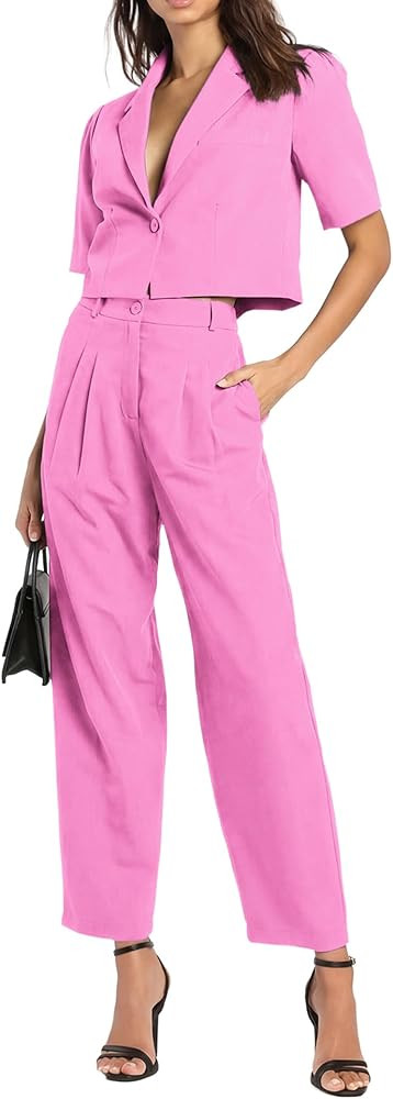AGSEEM Womens Suits 2 Piece Set Business Short Sleeve Cropped Blazer and Wide Leg Pants Set Offic... | Amazon (US)