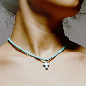 Natural Stone Cross Necklace for Women Boho Turquoise Beaded Chain Necklace Dainty Small Cross Pe... | Amazon (US)