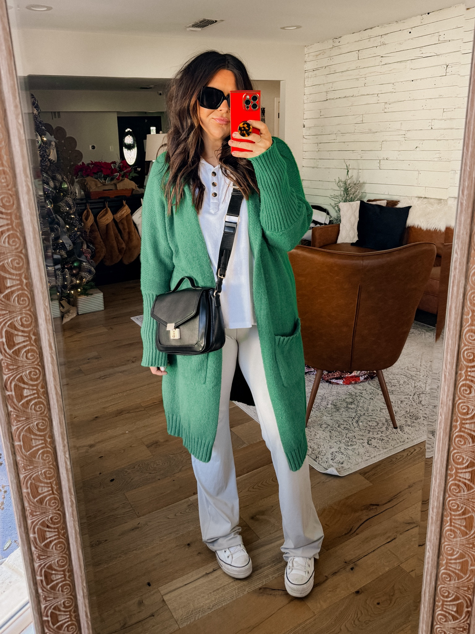 Festive + Comfy
Green Duster Cardigan: XXL
Flare Legging: xl 33” inseam
Sweatshirt: XL
PLATFORM CONVERSE: size down 1/2 size

#LTKfindsunder50 #LTKstyletip #LTKmidsize