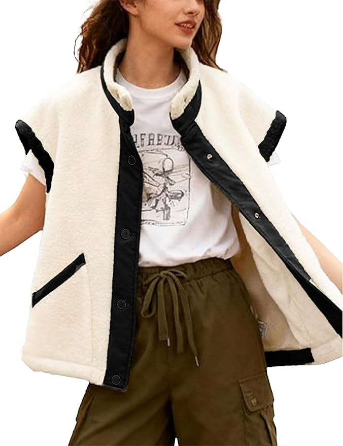 Womens Sherpa Vests Fuzzy Oversized Mock Neck Vest Button Down Winter Warm Clothes | Amazon (US)