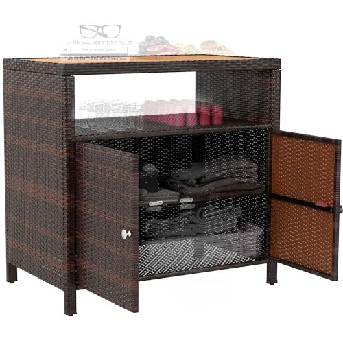 Outsunny Wicker Outdoor Storage Cabinet, Rattan Outdoor Bar Table with Acacia Wood Countertop, 2 Doors and Shelf, Buffet Cabinet Sideboard for Poolside, Garden, Patio, Backyard, Brown | Amazon (US)