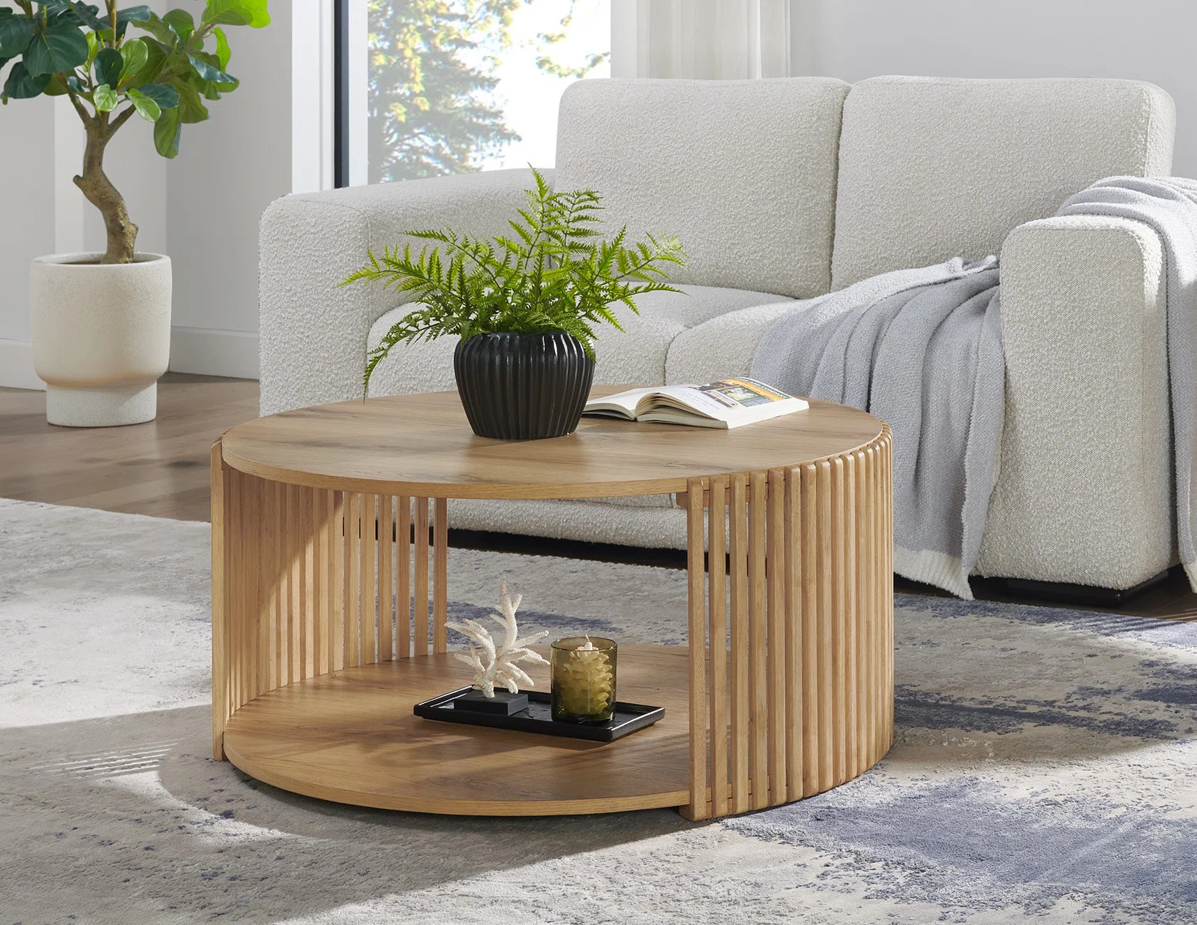 Estie Round Wood Slatted Coffee Table With Open Shelf | Wayfair North America
