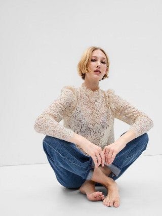Puff Sleeve Ruffle Neck Lace Top | Gap (US)